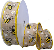 Wired Linen Bumblebees Ribbon, 1.5 Inch by 25 Yards, Natural, 7568.40/25-004