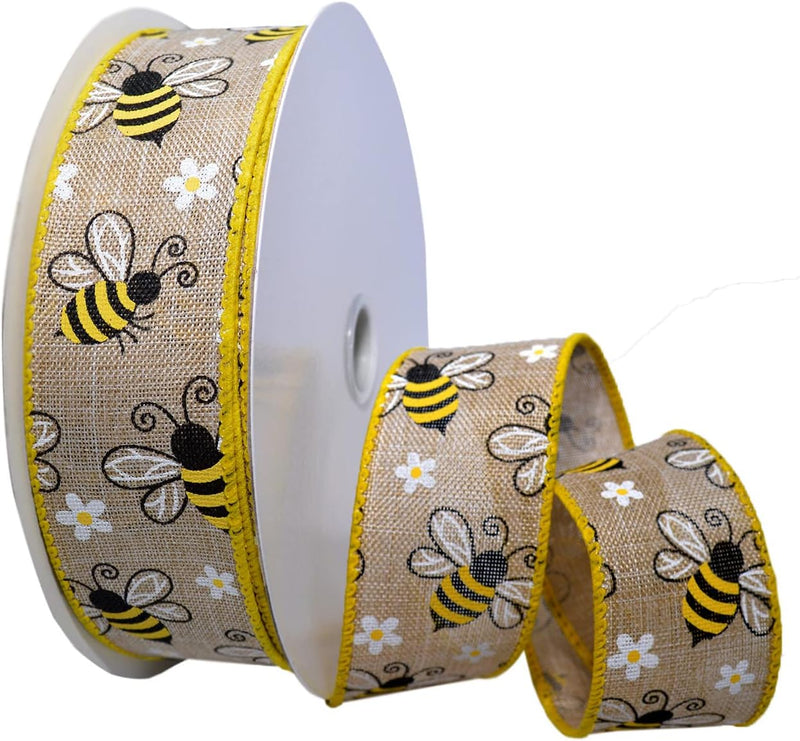 Wired Linen Bumblebees Ribbon, 1.5 Inch by 25 Yards, Natural, 7568.40/25-004