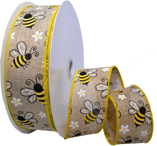 Wired Linen Bumblebees Ribbon, 1.5 Inch by 25 Yards, Natural, 7568.40/25-004