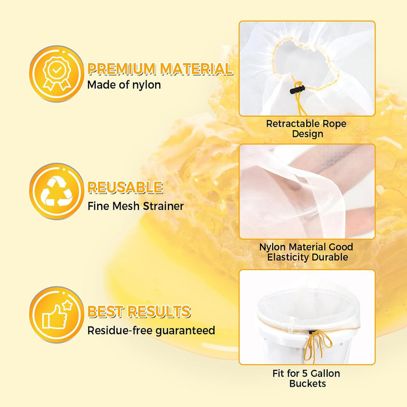 6 Pcs Honey Filter Bag,Ultra-Fine Food Grade Mesh Nylon Strainer with Adjustable Drawstring,5 Gallon Bucket Honey Extraction,Honey Strainer Reusable and Washable