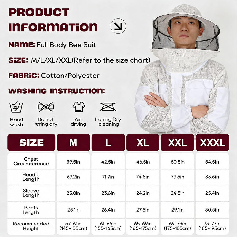 LONGADS 3-Layer Ultra Ventilated Full Body Beekeeper Suit for Men & Women with Gloves and Veil 2XL