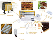 BEESTKEEPING queen rearing kit components including royal jelly frame, queen cage, comb box, and assembling tools.